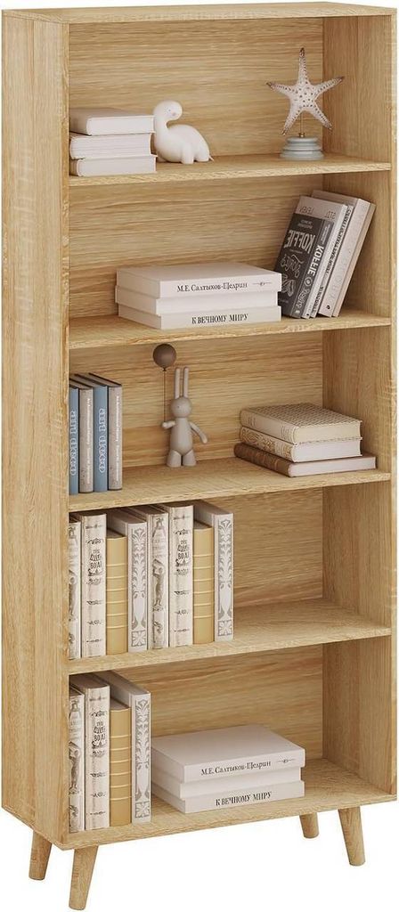 A wooden bookshelf with several shelves filled with books and decorative items.