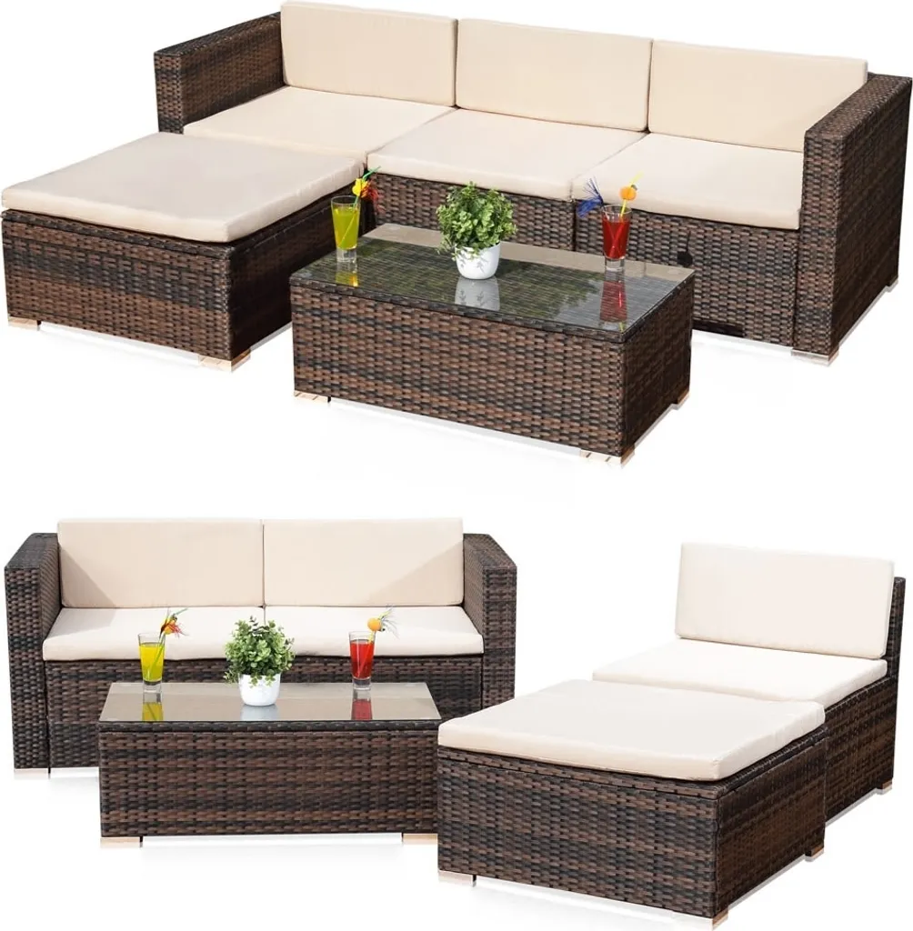 Salon d'angle en poly rotin marron : canapé modulaire et ottomane pour terrasse