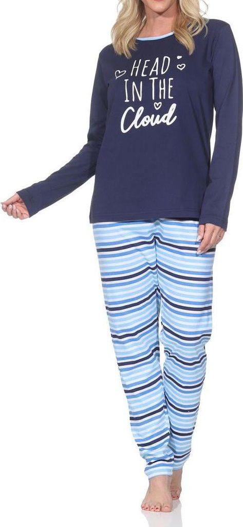Normann Damen Schlafanzug langarm Pyjama mit Pyjamahose in Streifenoptik ; navy , 40