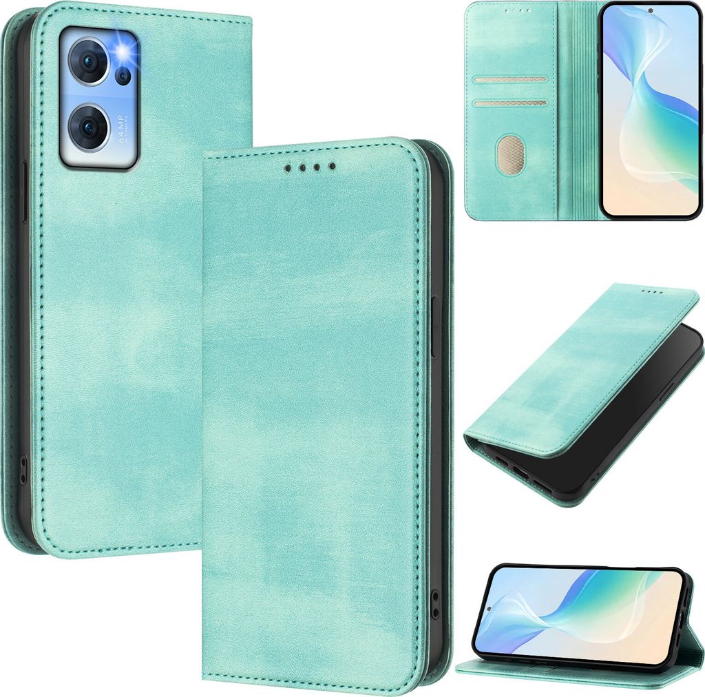 Handyhülle für Oppo Find X5 Lite/Reno7 5G, Vintage Leder RFID Schutz Kartenfach Standfunktion Magnetische Klapphülle Türkis