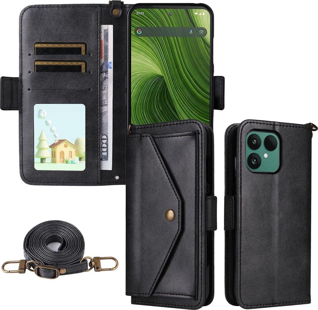 Crossbody Echtleder Hülle für Fairphone 6 Kartenfächern & Standfunktion Schwarz