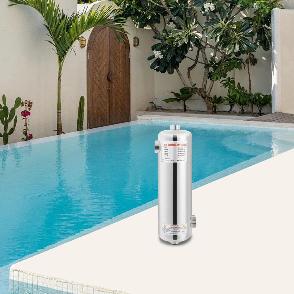Wärmetauscher - Poolheizung - Edelstahl - 58,6 kW Leistung - Für Einbaupools, Spa & Whirlpool - Wassergeführte Fußbodenheizung - Silber