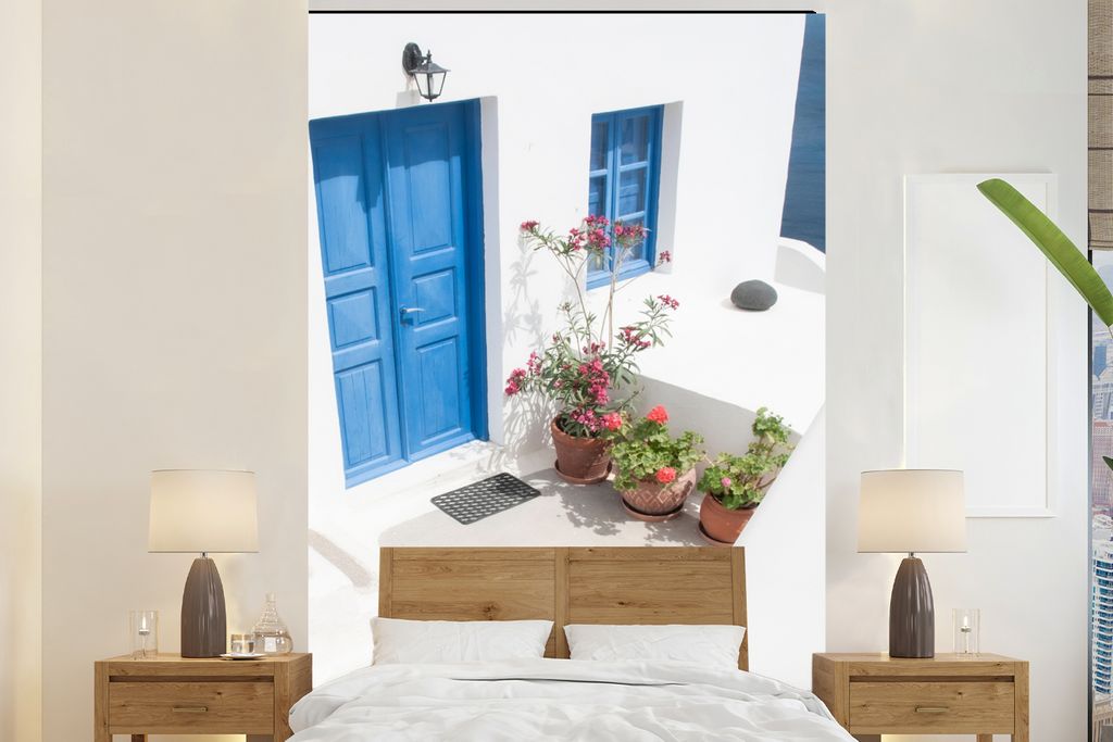 MuchoWow Fototapete für Wohnzimmer oder Schlafzimmer Wandtapete Vinyl Motivtapete Architektur - Blau - Weiß - Tür - 200x300 cm - Wanddekorationen