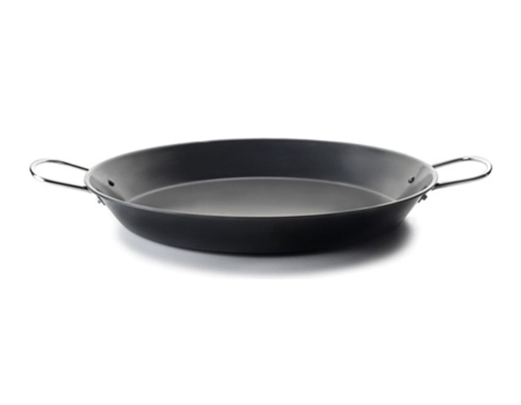 A black paella pan with two handles is shown against a white background.
