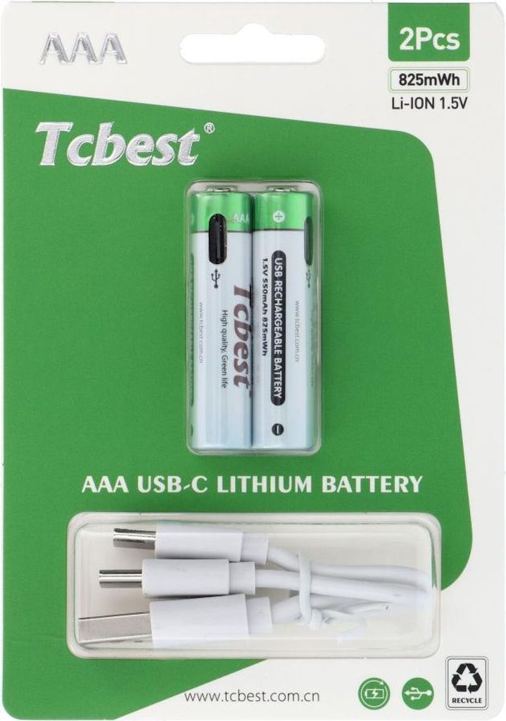 TCBEST wiederaufladbare Batterie R3 (AAA) 550 mAh mit Buchse Typ C + Kabel USB A auf 2 x Typ C 2 Stück