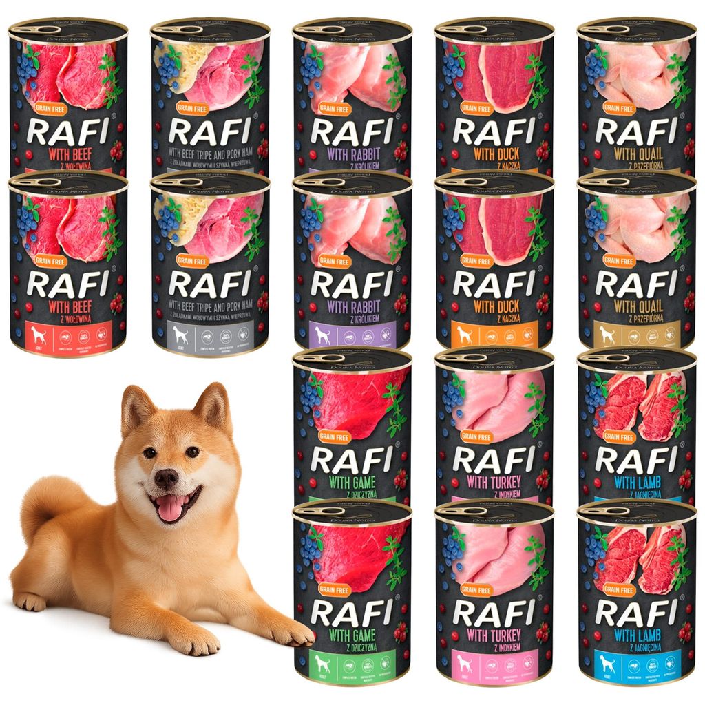Rafi - Nassfutter für Hunde, 16×400 g (Dosen), 7 Sorten