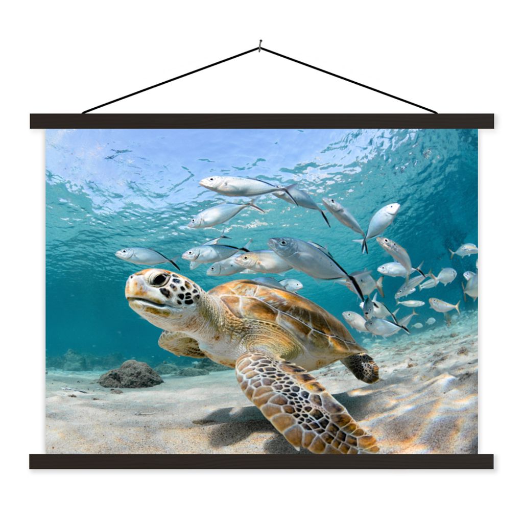 MuchoWow Textilposter Schildkröte - Fisch - Meer 150x113 cm mit holzfarbenen Rahmen - Poster