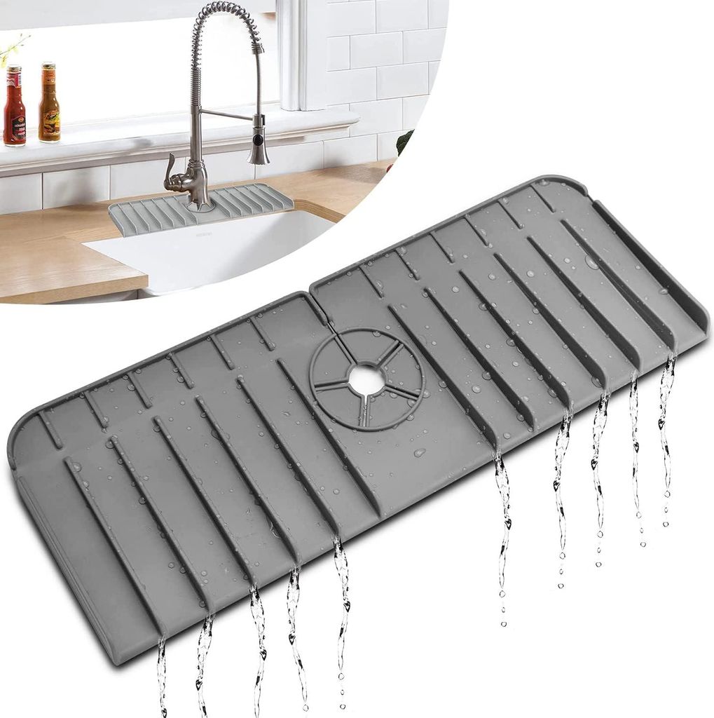 Silikon-Armaturenmatte mit tropffreiem Griff für Küchen- und Badezimmerspülen, Abtropfmatte, Schwammhalter (Grau)