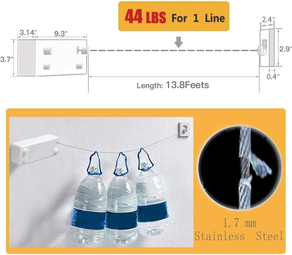 Einziehbare Wäscheleine für drinnen und draußen – strapazierfähig, 2 x 4,2 m lange Wäscheleine aus Edelstahl, Wandmontage (Bohrer) – Silber