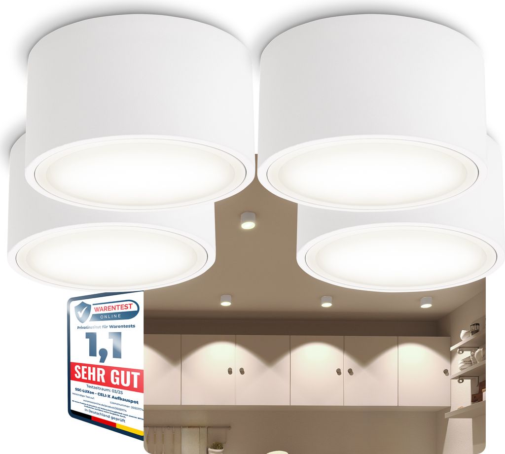 SSC-LUXon CELI-X Aufbau Spot LED flach weiß 4er Set große Lichtfläche LED GX53 neutralweiß 3W 230V - Deckenspot rund Ø 95mm