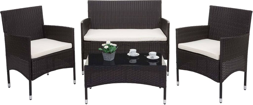 Poly-Rattan Garnitur HWC-F55, Balkon-/Garten-/Lounge-Set Sofa Sitzgruppe - braun, Kissen creme
