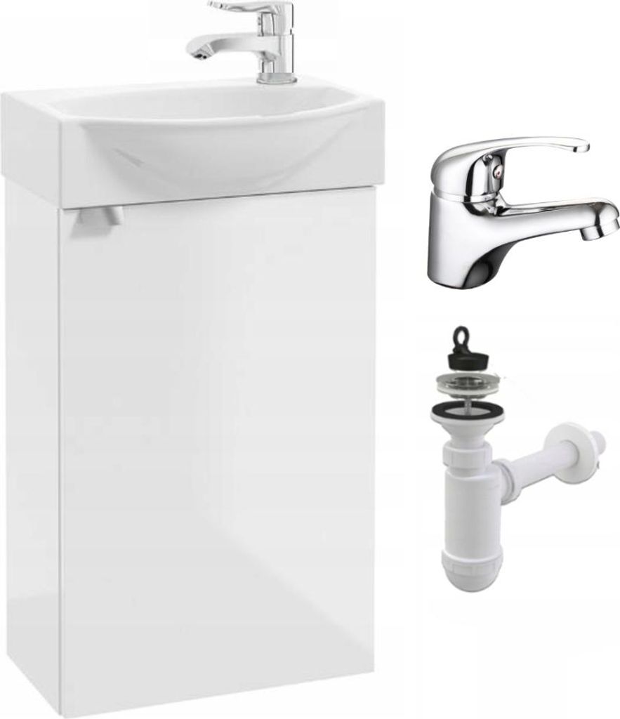 Stamar Waschtisch mit Unterschrank Hängend 40 x 22 cm Weiß Hochglanz | Badmöbel Set mit Keramik-Waschbecken und Chrom Armatur Klein
