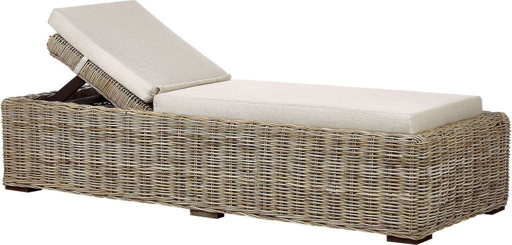 BELIANI Gartenliege Natur aus Rattan mit Auflage Taupe Verstellbare Rückenlehne Geflecht Boho Modern Sonnenliege Gartenmöbel Garten Terrasse Outdoor