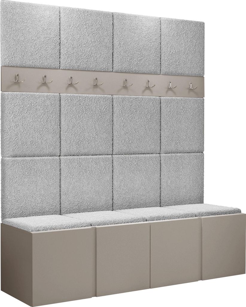 MIRJAN24 Garderoben-Set Orion V, Garderobe mit Sitzbank mit 16 x Wandpanel 42x42 (Farbe: Cashmere, Abriamo 6)