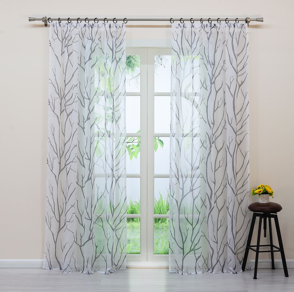 Joyswahl Vorhang Voile Gardinen HxB 175x140cm Fensterschal mit grauem Zweigmuster Kräuselband halbtransparent Grau 1 Stück