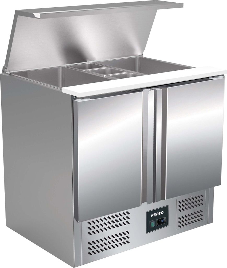 SARO Saladette Modell BALDUR S 900 Belegstation, Salattheke, 2-türig, Edelstahl, Deckel, Restaurant, Imbiss, Pizzeria, Belegen, Zubereiten, Kühlen