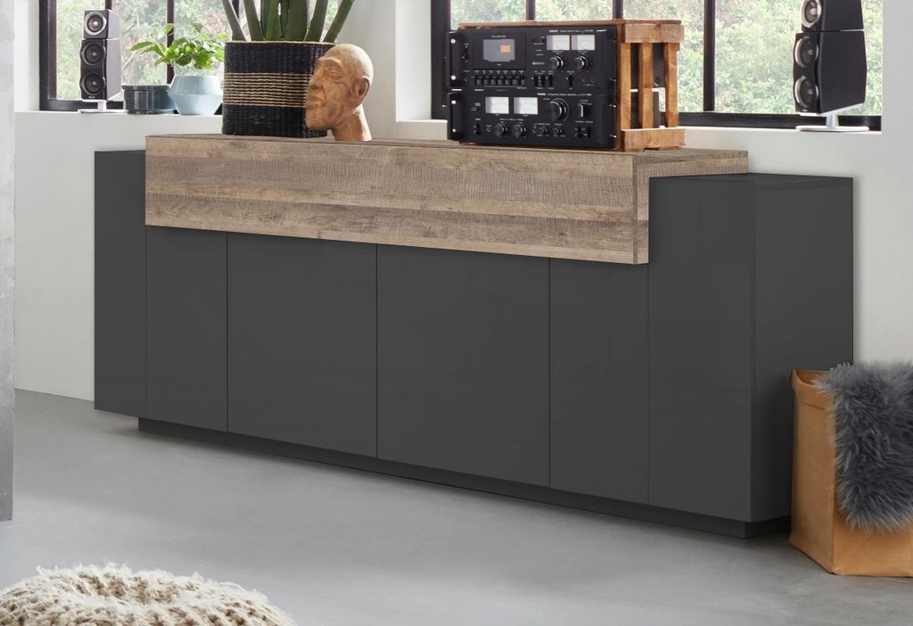 Sideboard "Corona" in anthrazit matt/Oak mit 4 Türen und 3 Einlegeböden. Abmessungen (BxHxT) 200x85,6x45 cm