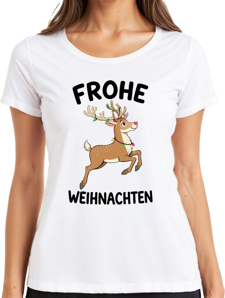 FROHE WEIHNACHTEN Rentier Lichterkette Niedlich Kinder Geschenk Damen T-Shirt, Weiß, S