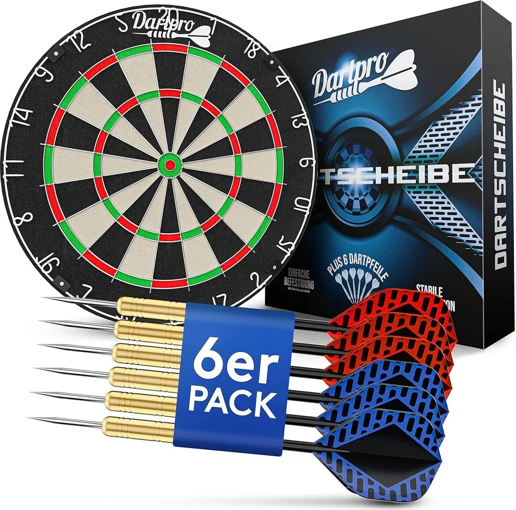 Cible de fléchettes DartPro en sisal haute qualité avec 6 fléchettes