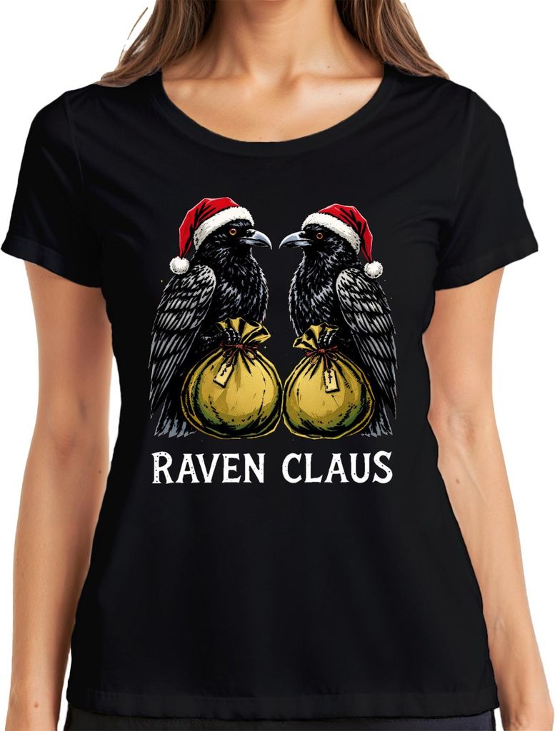 Raven Claus Raben Weihnachten Santa Hat Geschenke Gothic Damen T-Shirt, Schwarz, 3XL