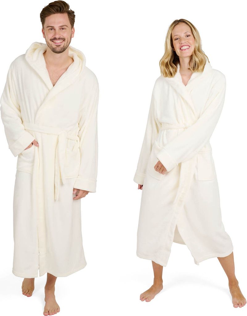 Blumtal Bademantel Damen und Herren - kuschelig weicher Fleece Bademantel mit Kapuze & praktischen Fronttaschen, , Größe XXXL, Farbe Weiß