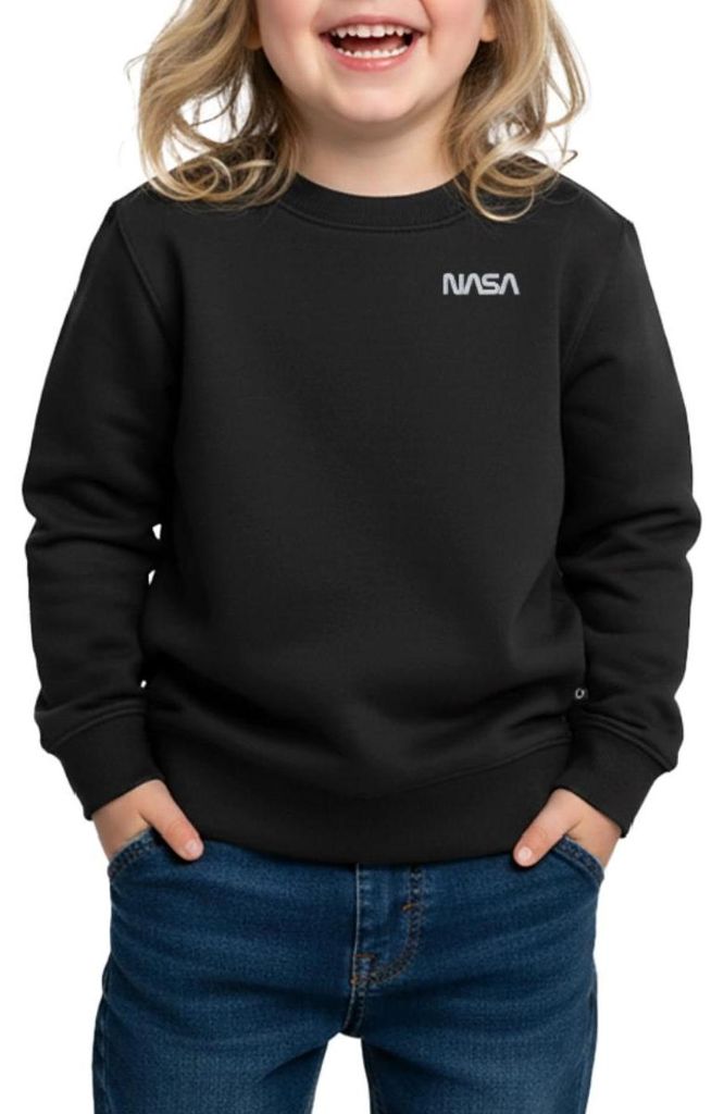 Spreadshirt Nasa Logo Klein Weiß Stick Kinder Premium Pullover, 146/152 (10 Jahre), Schwarz