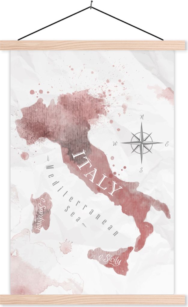 MuchoWow Textilposter Karte - Italien - Aquarell - Rosa 40x60 cm mit holzfarbenen Rahmen - Poster