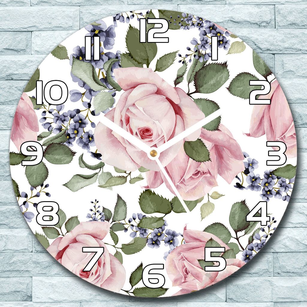 Wanduhr aus Glas Rund fi 30 Rosa Rosen Blumen Quarz Deko Schlafzimmer Büro