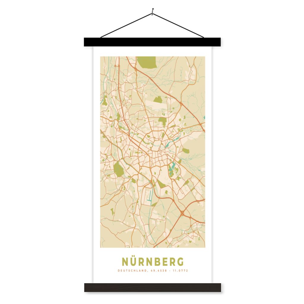 MuchoWow Textilposter Karte - Nürnberg - Karte - Vintage - Stadtplan 90x180 cm mit schwarzem Rahmen - Dekoration Wohnzimmer