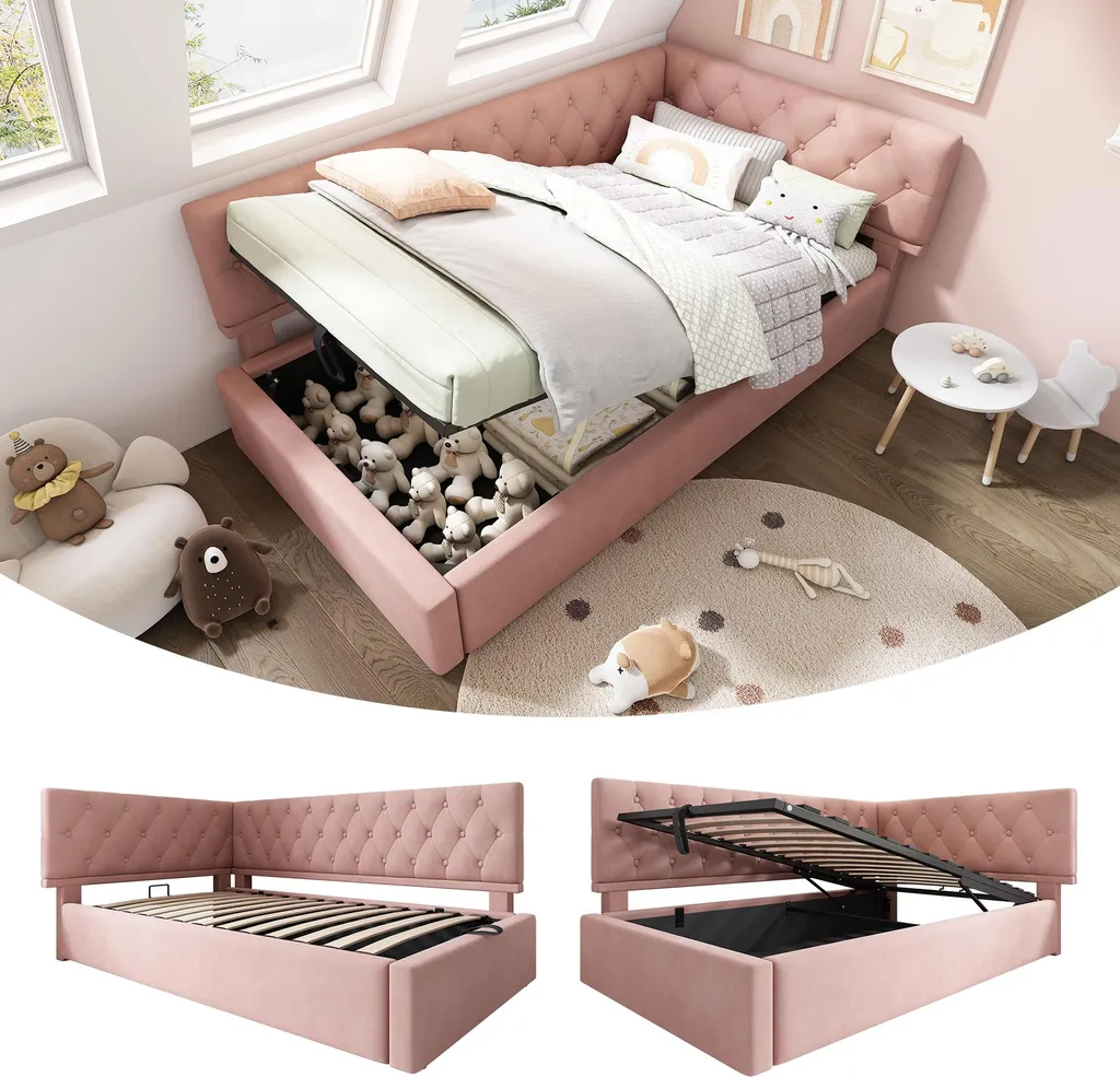 Sweiko Lit gigogne rembourré 90x200cm rose en velours avec sommier