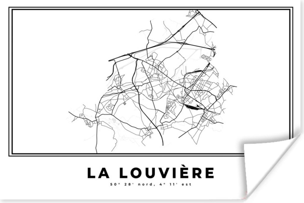 MuchoWow Poster Stadtplan - Schwarz und weiß - Karte - La Louvière - Belgien - Karte 90x60 cm - Schlafzimmer