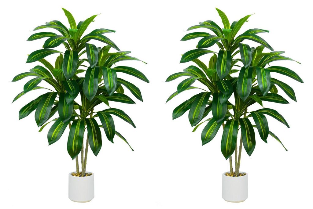 Künstlicher Drachenbaum 120 cm, realistische künstliche Dracaena-Pflanze, pflegeleicht für Wohnzimmer, Büro und Garten (2 Stück, weiß, 120 cm)