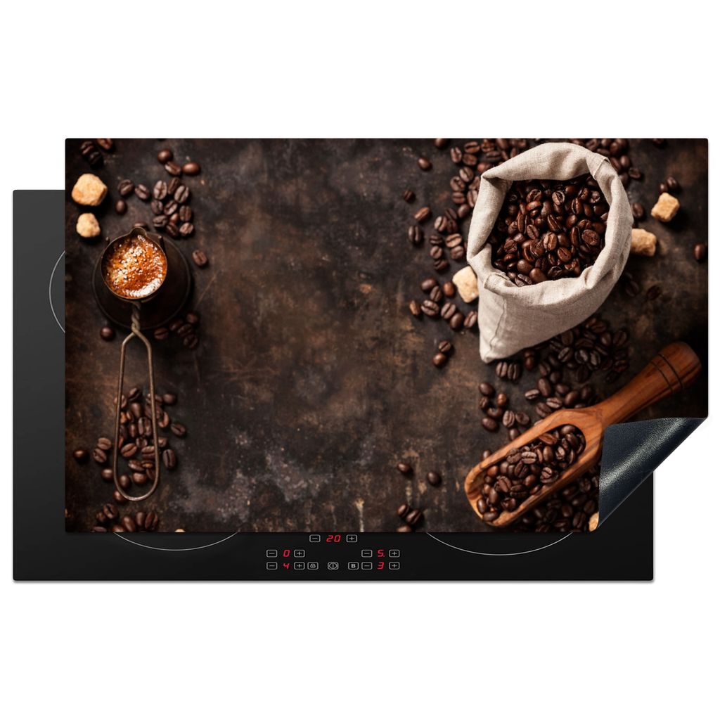 KitchenYeah Herdabdeckplatte Kaffeebohnen - Kaffee - Beutel , 83x51cm, Küche Deko, Glaskeramikkochfeld Herdabdeckung, Abdeckplatte fùr Kochfeld