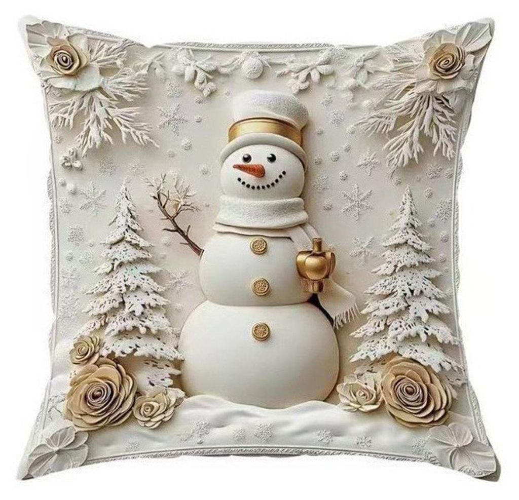 1/4 Stück 45x45 cm Weihnachtskissenbezug aus Leinen mit Weihnachtsmann, Schneemann, Rentier und Weihnachtsbaum, quadratischer Kissenbezug für Woh...