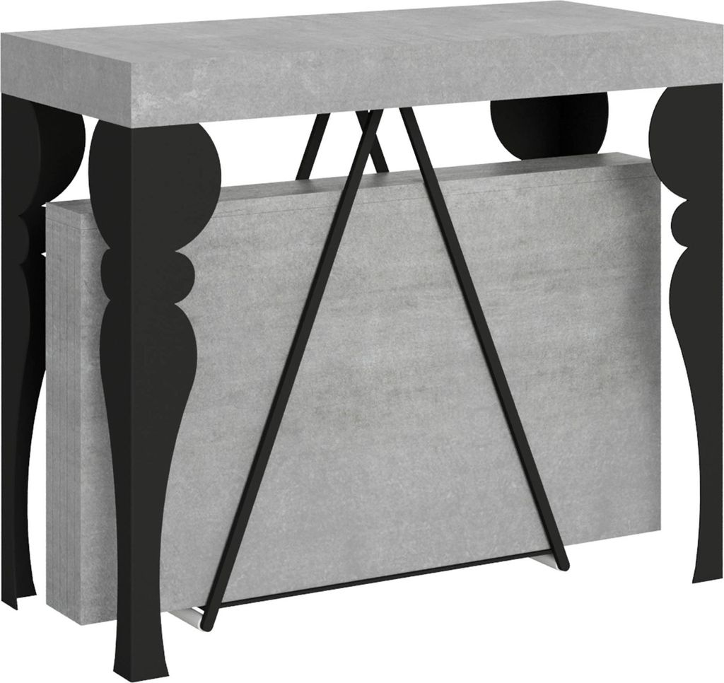 ITYHOME - Ausziehbarer Konsolentisch 90x40/196 cm Riza Small Zement mit Eisenrahmen aus Anthrazit