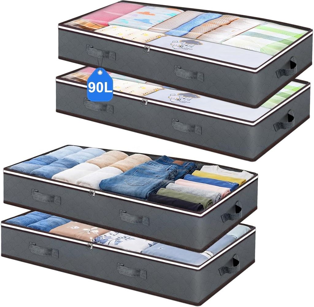 4 Stück 90L Unterbettkommode, Aufbewahrungsbox mit Deckel Faltbare Unterbett Aufbewahrungsbox für Kleidung, Bettdecken und Bettwäsche, Grau
