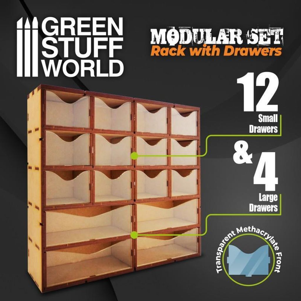 Green Stuff World GSW10960 – MDF-Hochregal mit Schubladen (12+4 Schubladen) – Neu