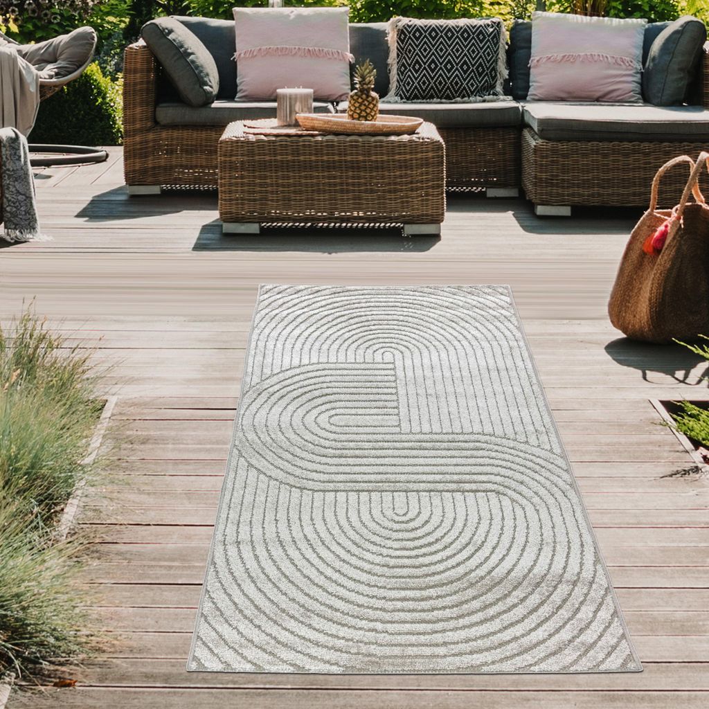 Moderner Outdoor Teppich wetterfest Terrasse Balkon Boho-Style hochwertig pflegeleicht Beige Größe - 80 x 150 cm