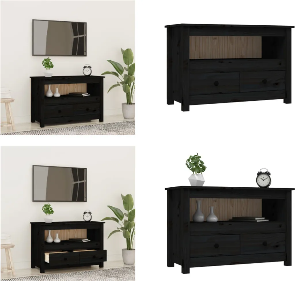 Meuble TV en bois de pin massif noir 79 cm - Buffet bas multimédia