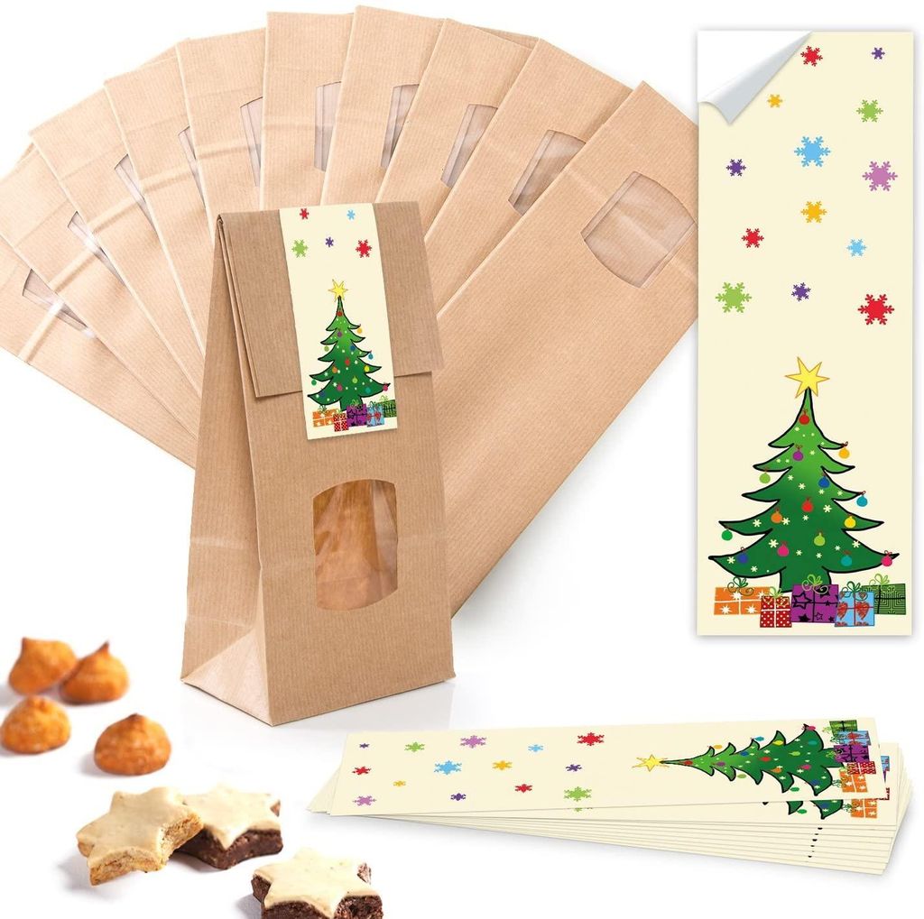 10 Stück kleine braune Block-Bodenbeutel MIT FENSTER + Pergamin-Einlage 10,5 x 6,5 x 29 cm + 10 beige weiße WUNDERBARE WEIHNACHTEN Weihnachts-Auf...