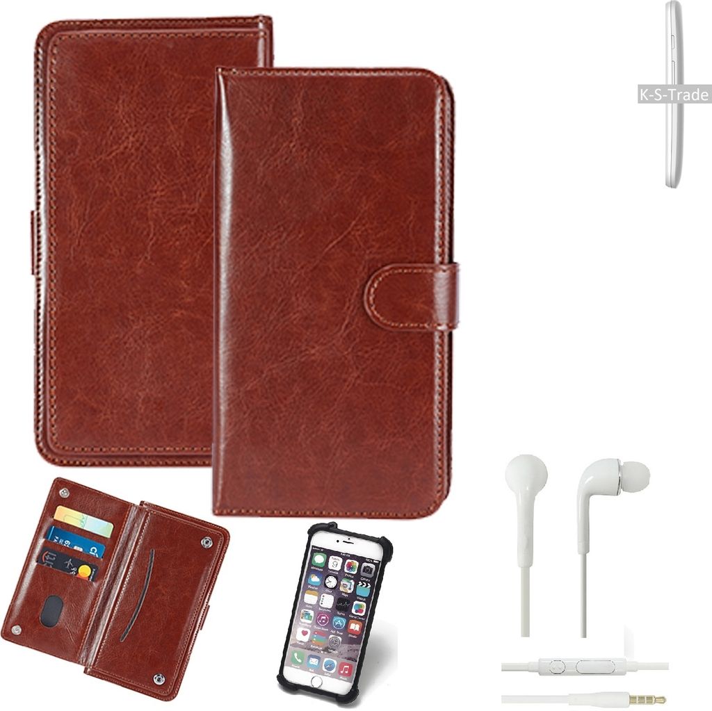 K-S-Trade 360° Hülle kompatibel mit Motorola Moto E inkl. Headphones braun Kunstleder Case BookCase WalletCase Kunstlederederhülle Handyhülle,