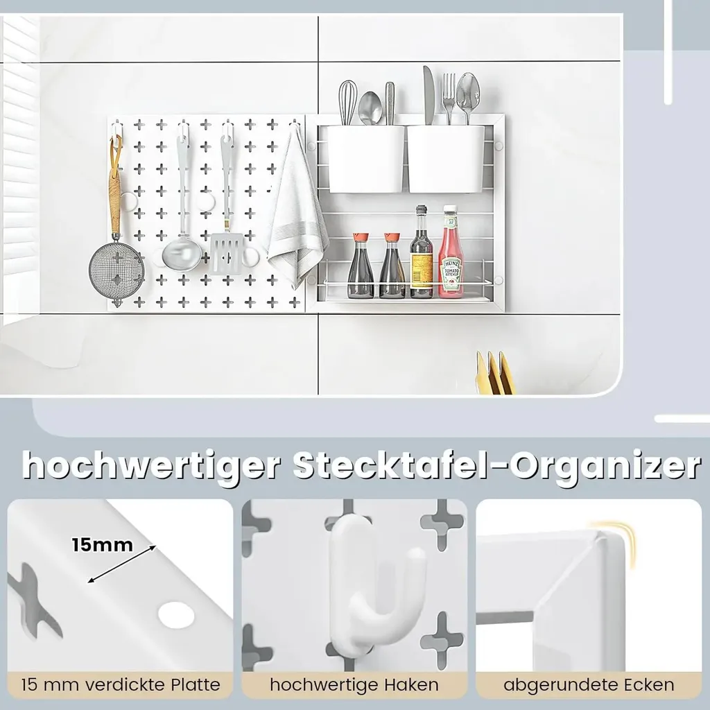 Pegboard Mural Blanc pour Atelier ou Bureau avec Boîtes et Tablette - 5