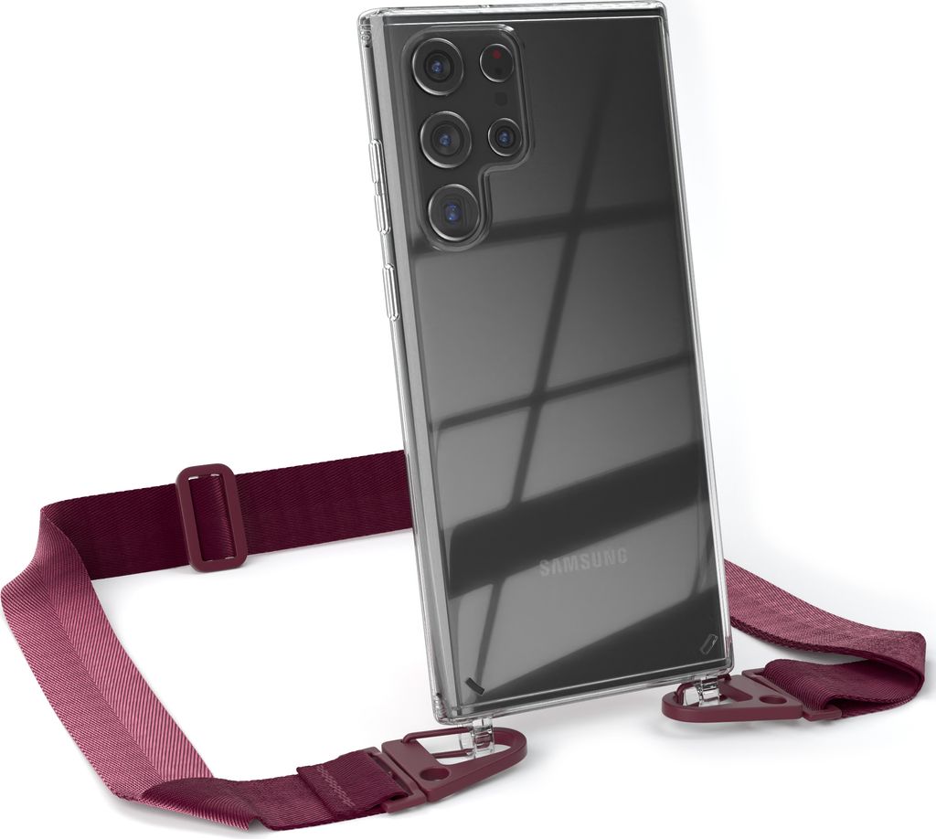 EAZY CASE - Hülle mit Band für Samsung Galaxy S22 Ultra 5G, Handyhülle mit Umhängeband, Silikonhülle transparent, Handykette in Rot