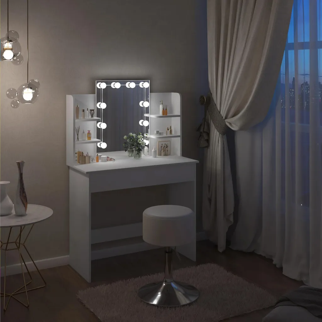 Coiffeuse Blanche Gain de Place avec Miroir LED et Rangement Multi-niveaux - 5
