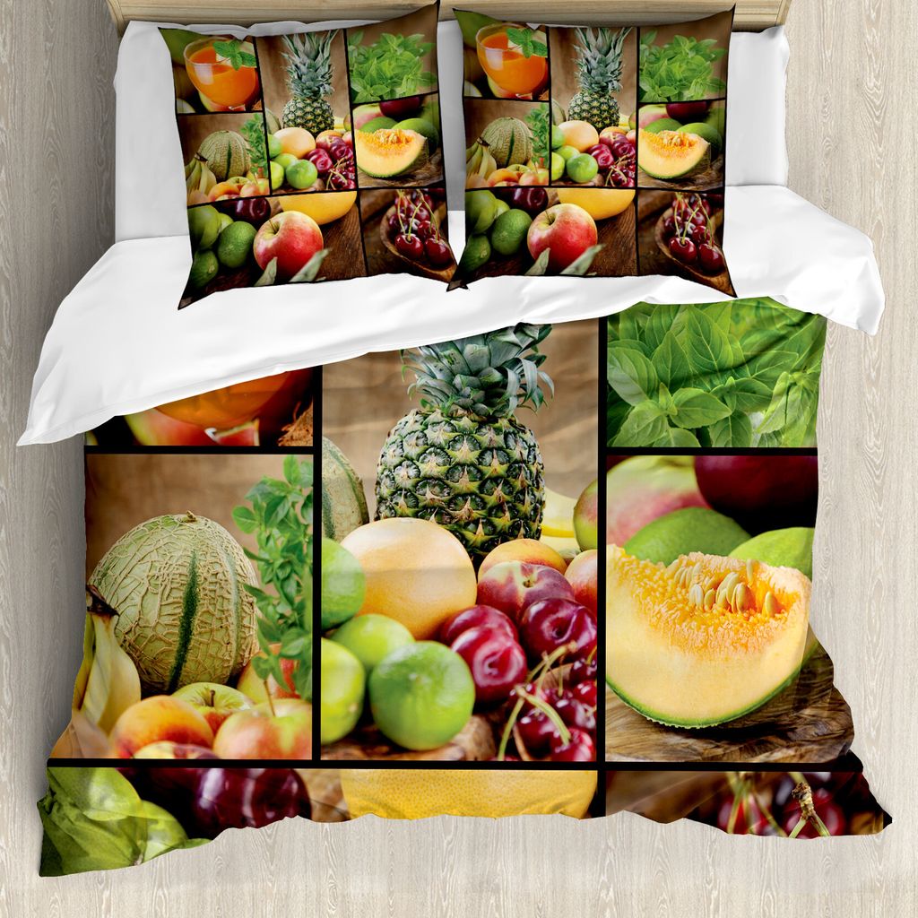 ABAKUHAUS Natur Bettbezug, Frucht-Ananas Kirsche, Milbensicher Allergiker geeignet mit Kissenbezügen, 155 cm x 220 cm - 80 x 80 cm, Mehrfarbig