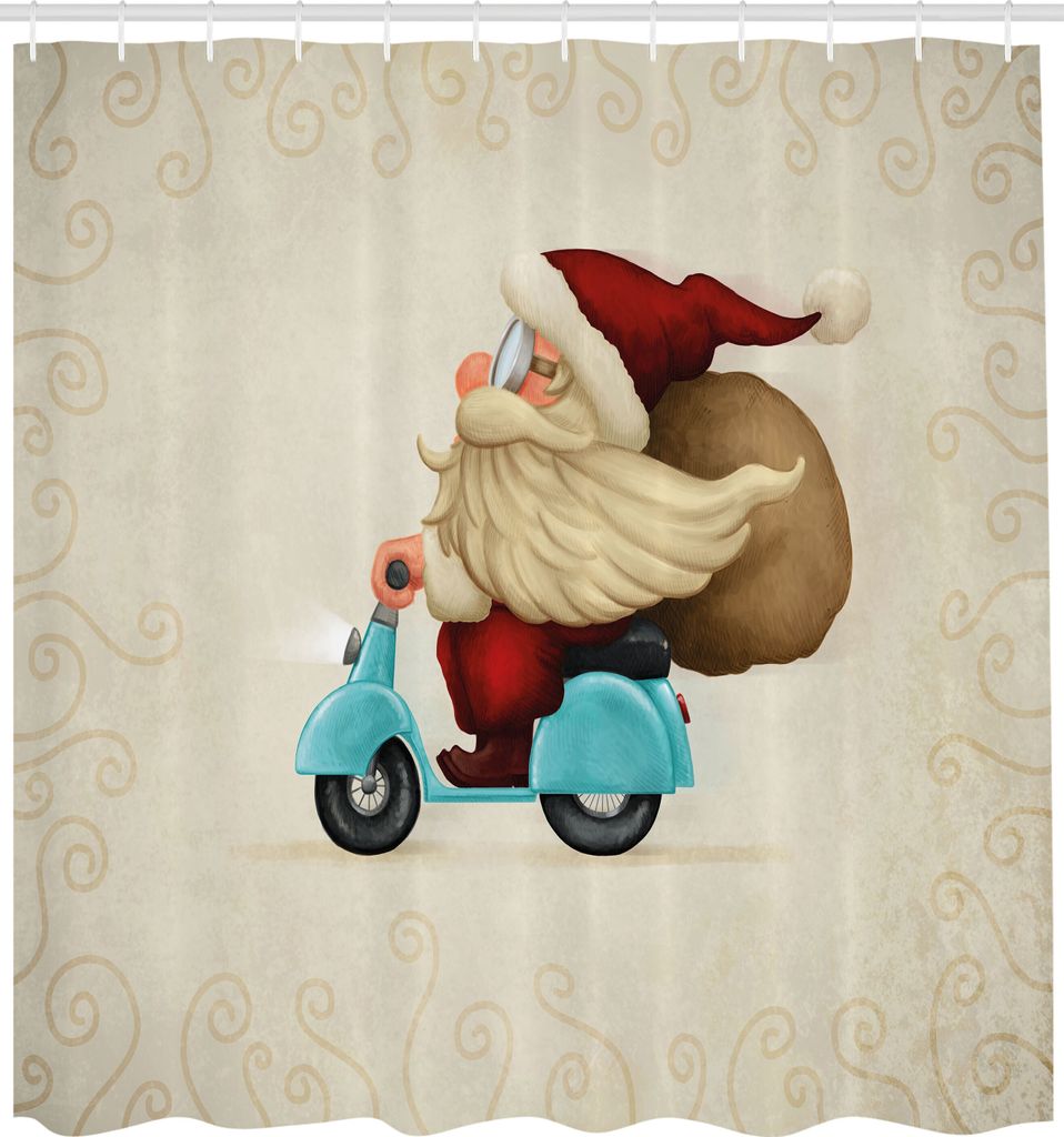 ABAKUHAUS Weihnachten Duschvorhang, Weihnachtsmann Motorrad Lieferung der Weihnachtsgeschenken, Stoffliches Gewebe Badezimmerdekorationsset mit Hak...
