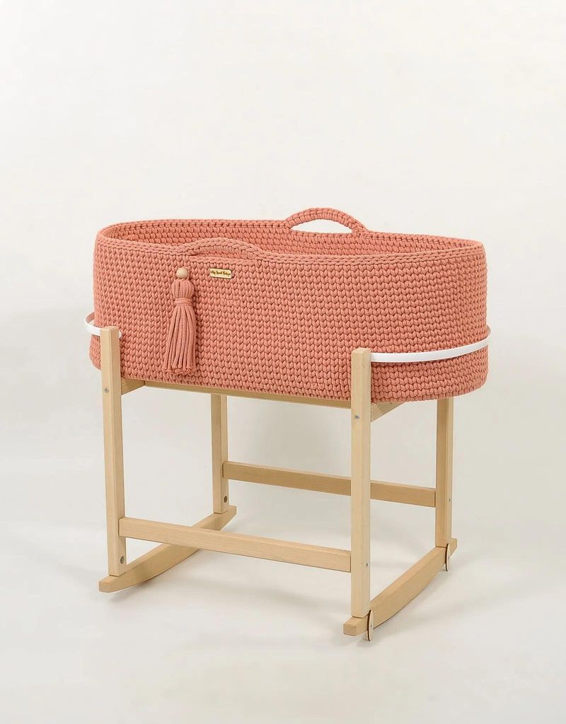 Bäddkorg BOHO Handgemacht mit Wagen rosa 100% Baumwolle und Silbermatratze