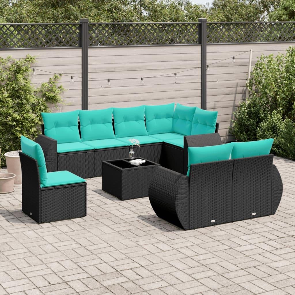 Maison Exclusive - 9-teiliges Gartensofa-Set mit Kissen, schwarzes Polyrattan