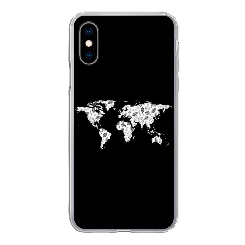 MuchoWow Handyhülle Schutzhülle Hülle für iPhone X Weltkarte - Blätter - Schwarz Silikon Softcase Handy Hülle - Handyhülle