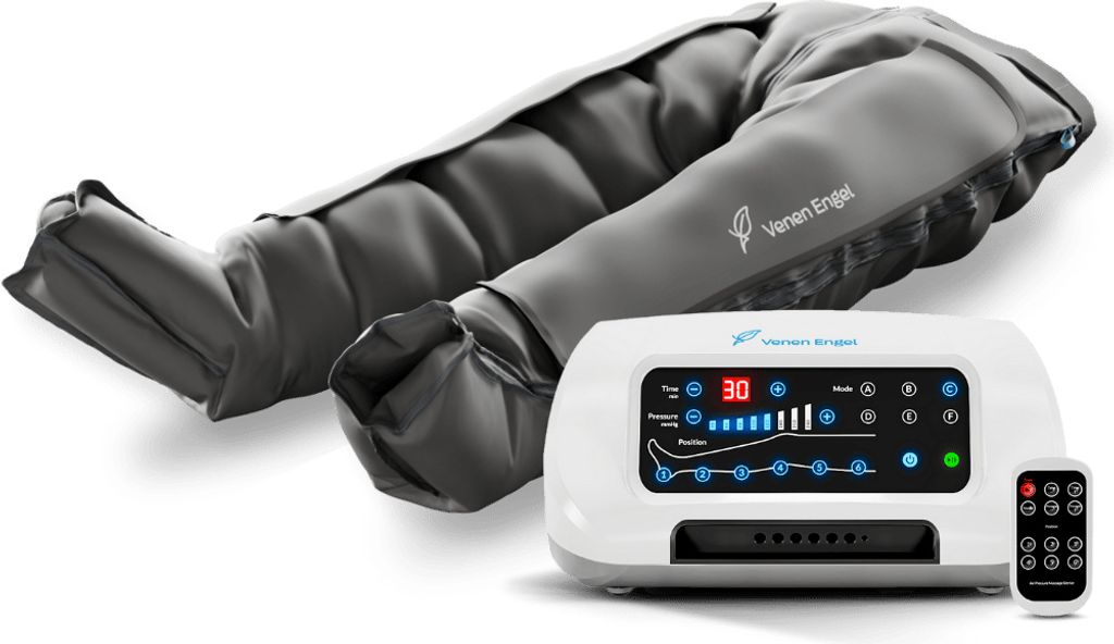 A compression therapy device for legs, including the inflatable pants and the control unit, displayed on a white background.
